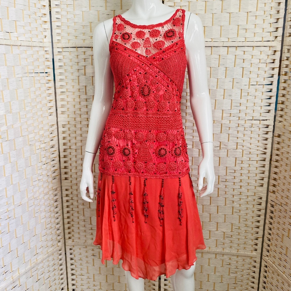 Sue Wong Red Crochet Midi Dress